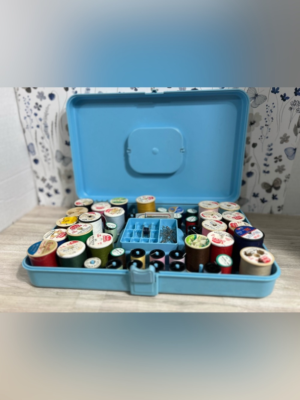 Vintage Sewing Thread Lot with Blue Storage Case